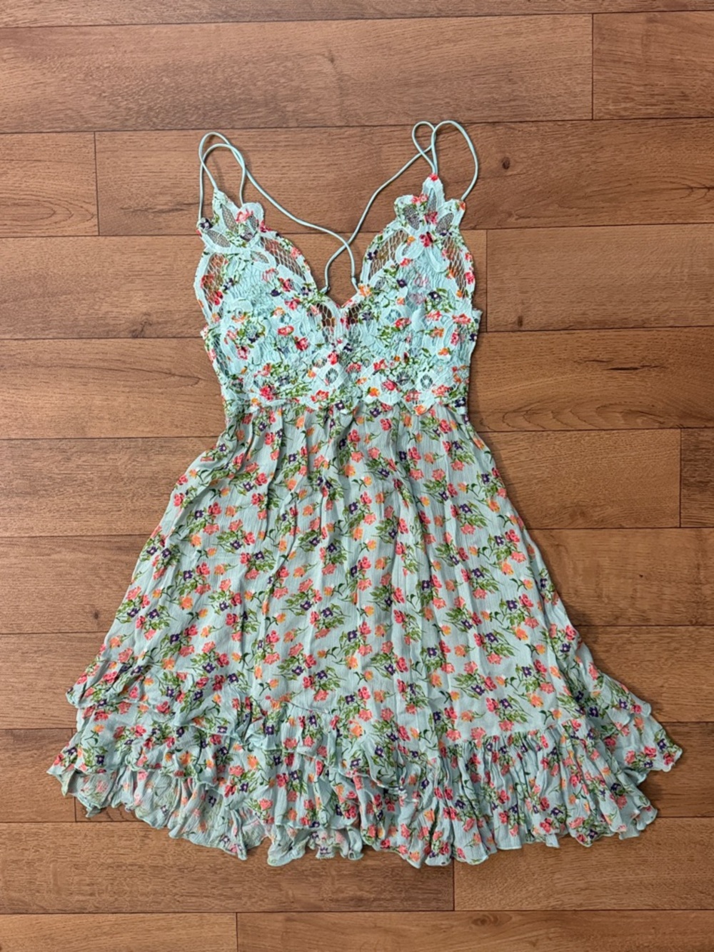 Floral Lace-Trim Mint Green Mini Dress